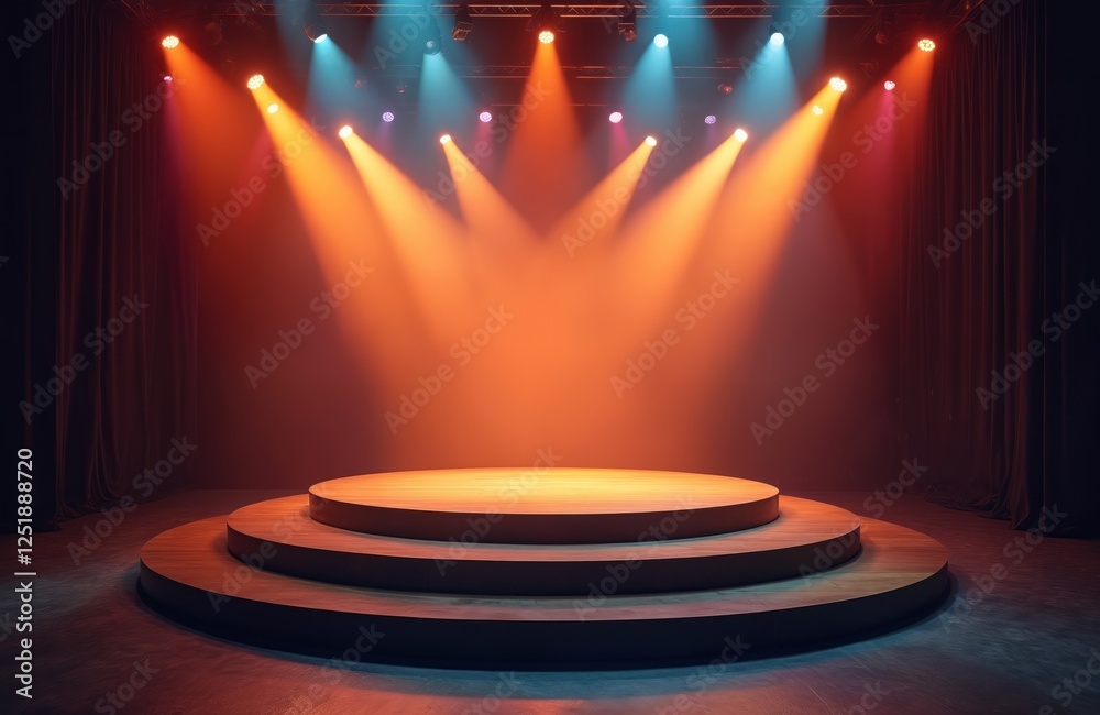 Aufkleber Event stage light background with illuminated spotlight for performance show. Empty stage with warm ambiance backdrop decoration, stage lighting design. Entertainment show with bright glow, ray