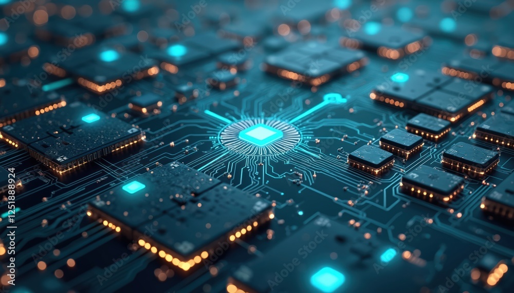 Fototapete illustration of interconnected circuit board with glowing microchips. hi-tech computer technology ba