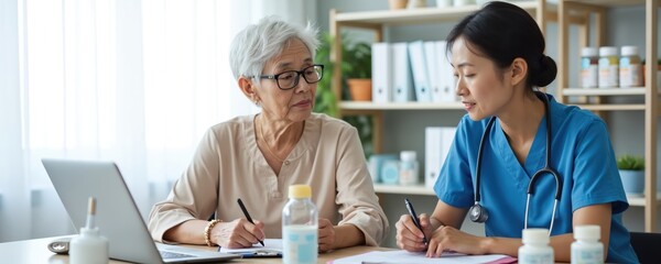 Asian doctor examines senior patient to assess illness for proper treatment. Nurse consults, gives assistance, checks elderly woman health in clinic. Physician prescribes medicine, diagnosis sickness