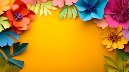 un fondo amarillo liso con espacio de copia con un marco de flores de papel hechas a mano para decoracion fondo colorido para diseño creativo o invitacion creativa y artistica
