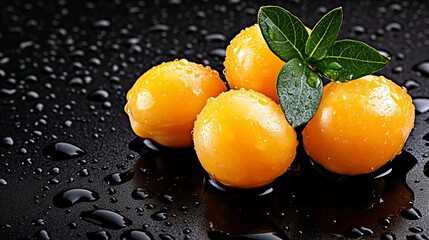 Juicy yellow plums glistening with water droplets, set against a dark background. A vibrant still life.
