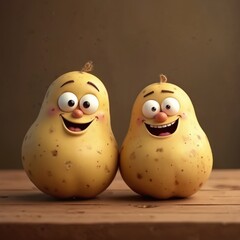 Two cartoon happy potatoes with big eyes, nose and smile. Funny vegetable characters for kids food concept. Comic creatures on wooden table background. Happy together. Carbs and veggies.