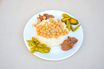 Traditional delicious Turkish food; Turkish style rice pilaf (Turkish name; Arpa sehriyeli. tavuk,...