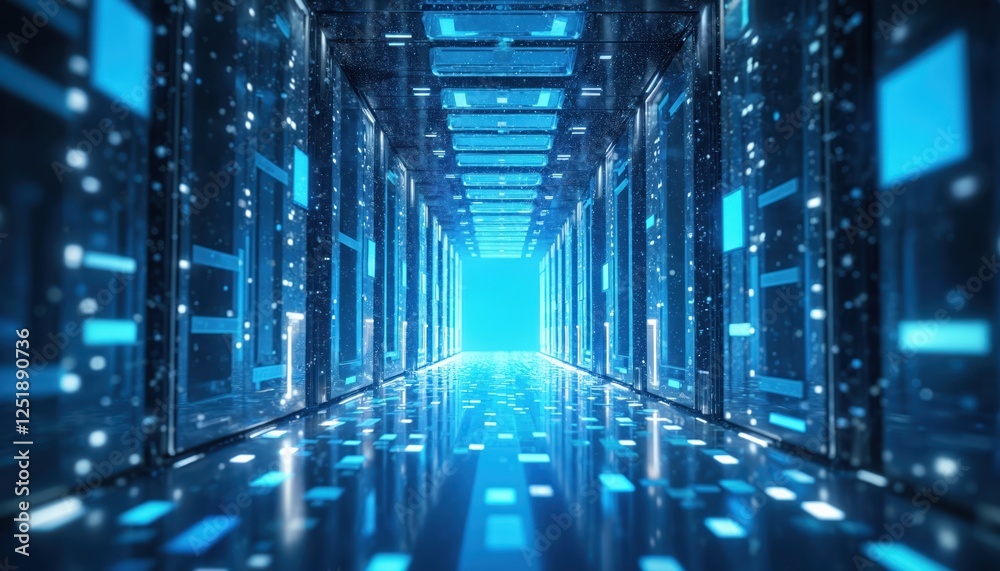 Aufkleber Blue light illuminates cyber hallway with digital patterns. Abstract tech background shows network concept, cloud computing. Futuristic design suggests datum transfer, connection in virtual space.