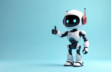 Cute white android robot stands against light blue background. Robot gives thumbs up, inviting viewers to explore possibilities. Concept for AI, innovation, robotic. Perfect for tech product demo