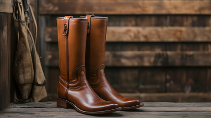 A pair of brown leather riding boots are placed together on a surface.
