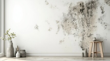 Minimalist living room interior with mold on walls and decorative vases on stool, causing household allergy issues