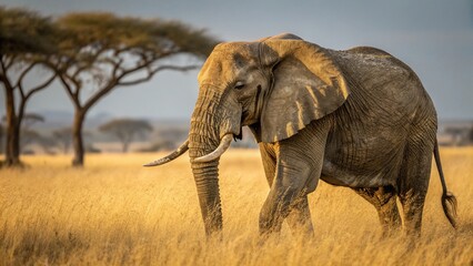 Fototapeta premium A breathtaking hyper realistic photograph of an African Bush Elephant standing in golden savanna AI Generative