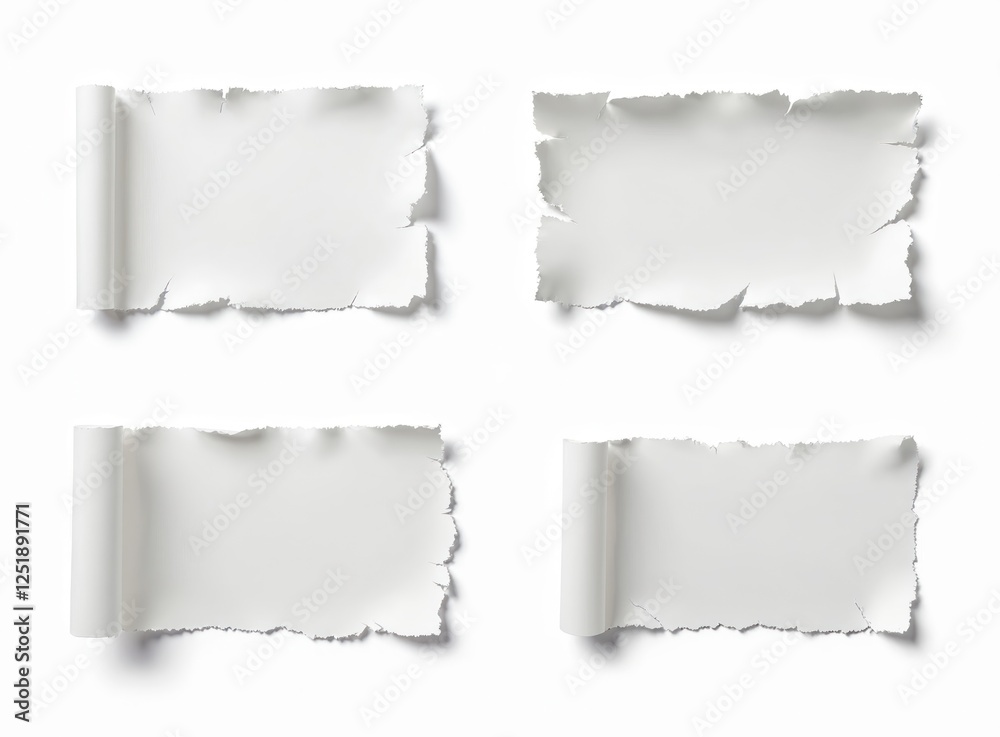 Aufkleber Four white ripped paper sheets isolated on transparent backdrop. Torn blank note papers look like parchment. Ragged cardboard for office message with empty space for text mockups.