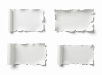 Four white ripped paper sheets isolated on transparent backdrop. Torn blank note papers look like parchment. Ragged cardboard for office message with empty space for text mockups.