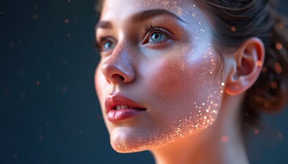 Close-up illustration features female face with glitter. Focus on skin, blue eyes. Beauty concept. Glamour portrait perfect for cosmetics product demo. Generative AI cosmetology illustration.