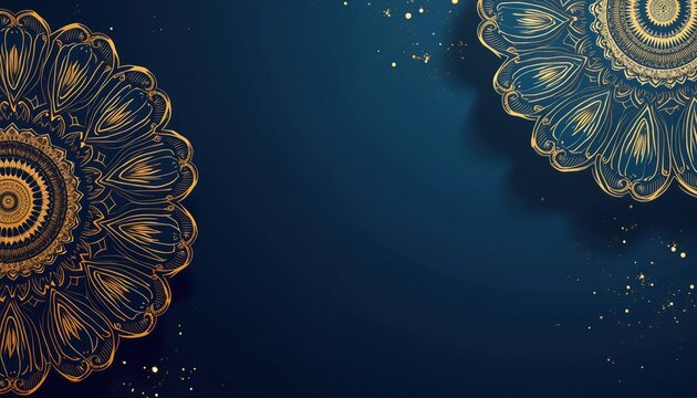 Indian style template design with gold mandala pattern. Blue luxury background for cover, business presentation, web banner, wedding invitation, greeting card, premium packaging. Elegant geometric