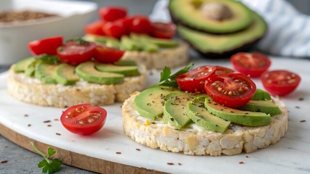 Close up view of rice cakes topped with fresh avocado and cherry tomatoes on a wooden cutting board in a bright kitchen setting