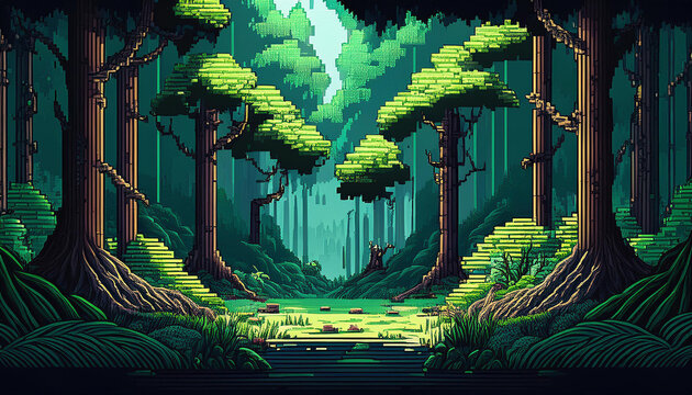 8bits pixel art of a darkish inexperienced forest with black shadows