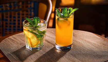 Fototapeta premium glass of lemonade with green mint leaves and drink with orange juice on the table in a restaurant