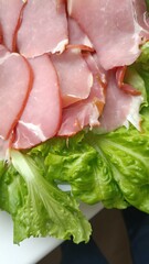A platter of thinly sliced dry-cured meat served with fresh, juicy green lettuce leaves. Protein and greens – an excellent choice for a healthy, protein-rich diet.