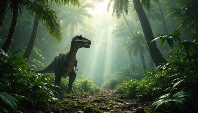 Dinosaur stands in jungle. Big predator reptile in nature. Prehistoric era landscape with trees and sun. Concept render of ancient animal. Wildlife in park. Green forest scenic.