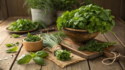 Fresh assortment of herbs featuring basil and parsley arranged beautifully on a wooden surface in a rustic kitchen setting