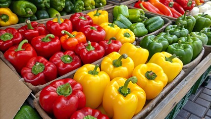 Colorful arrangement of fresh bell peppers showcasing vibrant varieties at a local market during the afternoon