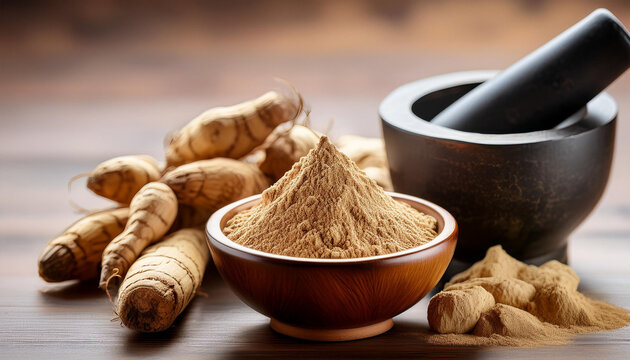 maca root powder in a small bowl with vibrant maca roots and a mortar and pestle in the background