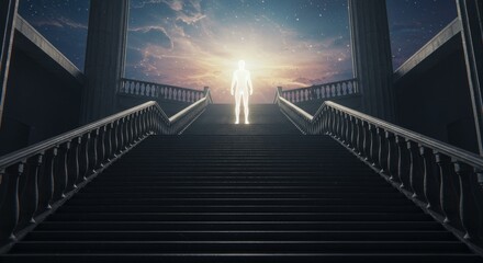 Ascent to Enlightenment - A luminous figure stands at the top of a grand staircase, symbolizing spiritual ascension, enlightenment, hope, inner peace, and a journey of self-discovery.