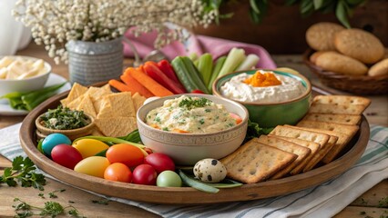 Rustic platter filled with a variety of cottage cheese and vibrant vegetables perfect for gatherings and casual dining