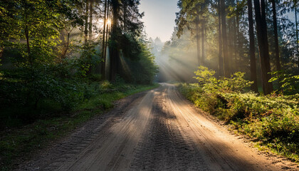 Obraz premium a dust street within the middle of a forest with sunbeams shining via the timber on the alternative facet of the street is a dust path that runs through the woods