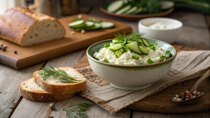 Rustic table showcasing cottage cheese with cucumber and fresh herbs alongside sliced bread and a bowl of yogurt