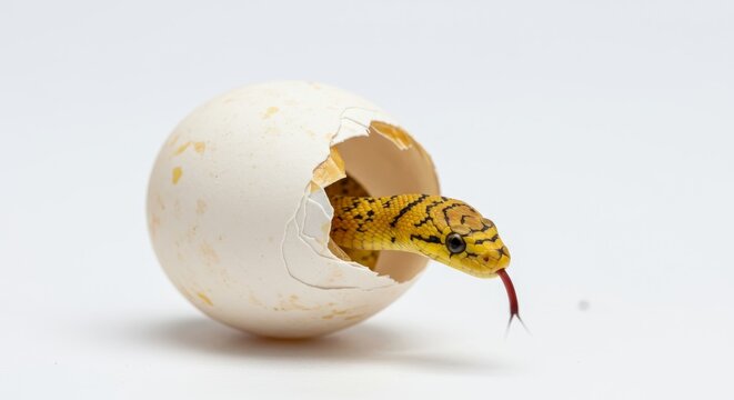 Baby Snake Hatching from Egg - A newborn snake emerges from its eggshell, symbolizing new beginnings, fragility, nature, wildlife, and survival.