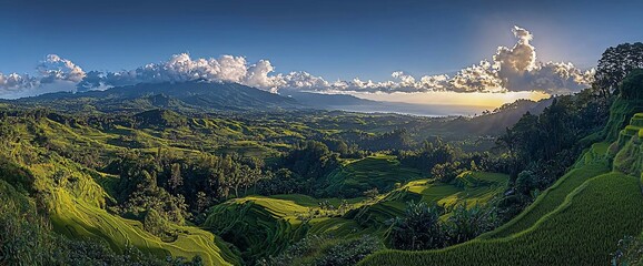 Sunset over lush green valley, mountains & ocean. Travel poster