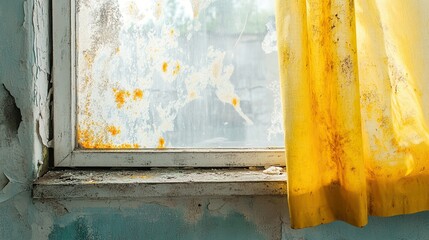 Sunlight streaming through moldy window with yellow curtain in abandoned room, highlighting potential allergy risk