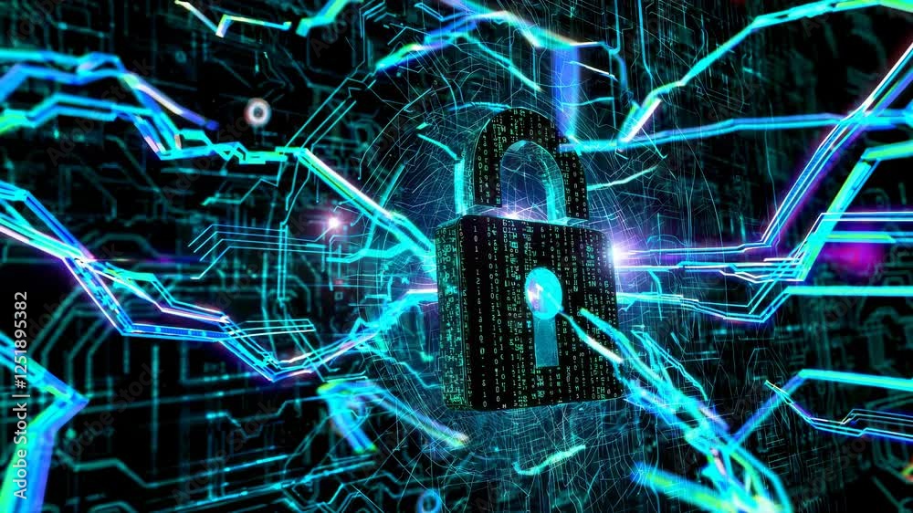 Poster binary code materializes into glowing padlock. cybersecurity symbol emerges within pulsing network g