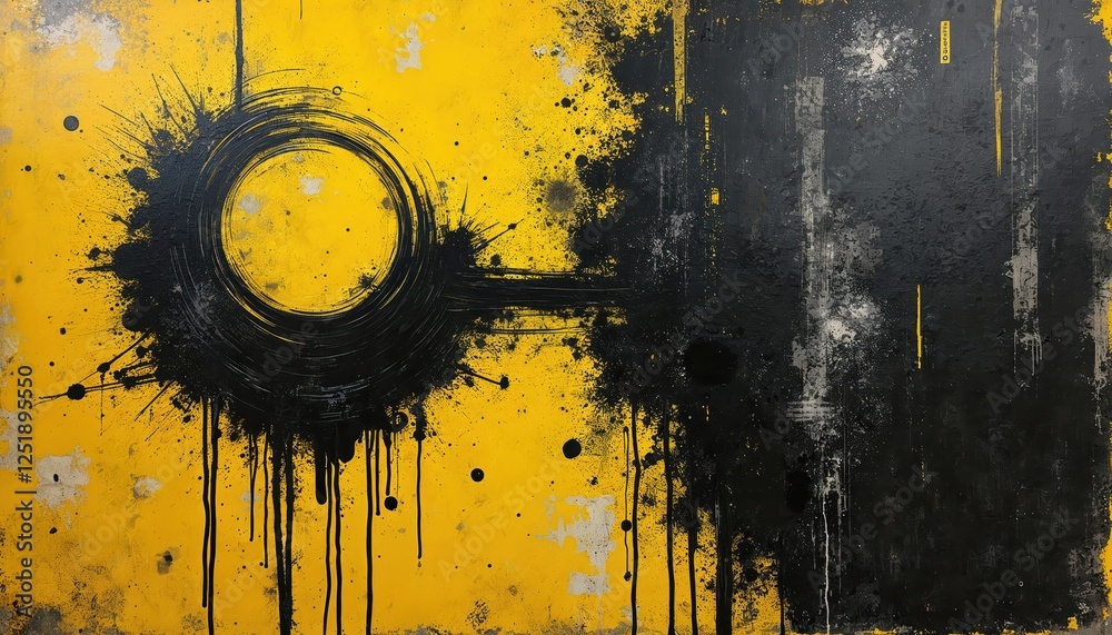 Poster abstract art shows urban grunge with yellow and black. paints drip. circle and splash create street 