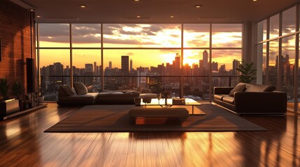 Fototapeta premium A luxurious penthouse living room with modern furniture and floor-to-ceiling windows, showcasing a breathtaking city skyline at sunset, creating a warm and sophisticated ambiance.