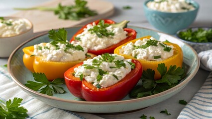 Cottage cheese stuffed peppers roasted to perfection with fresh herbs and vibrant colors served on a plate