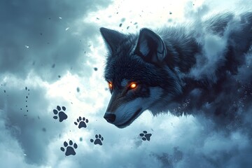 Fierce Wolf Emerging from Icy Blizzard with Piercing Supernatural Gaze
