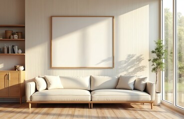 Light chill room interior with couch, panoramic window. Sunlight through window illuminates minimalist wall art frame mockup. Empty space on canvas for prints, art. Modern furniture, design elements