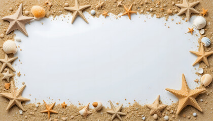 Starfish and shells lying on the sand form a frame around a white background. Good for a coastal design, with a summer and beach vibe.