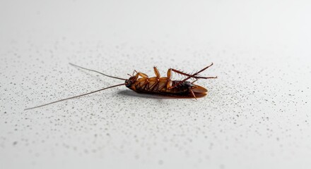 Dead Cockroach on White Surface - A detailed close-up of a deceased cockroach lying on a speckled white background.  Concepts: death, infestation, pest control, hygiene, cleanliness.