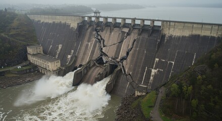 Dam Failure Disaster Scene - Dramatic image of a catastrophic dam break, depicting powerful water surge, structural failure, and environmental impact. Symbolizes destruction, vulnerability