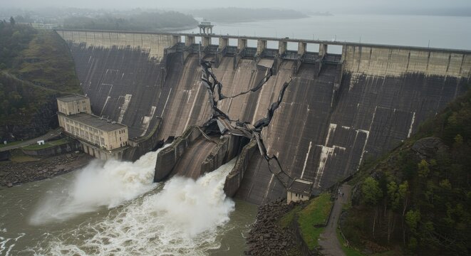 Dam Failure Disaster Scene - Dramatic image of a catastrophic dam break, depicting powerful water surge, structural failure, and environmental impact. Symbolizes destruction, vulnerability