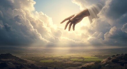 Divine Reach Over Earth - A divine hand extends from heavenly clouds, symbolizing hope, faith, guidance, protection, and grace.  Serene landscape below.