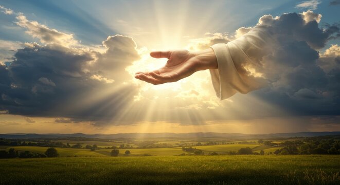 Divine Hand Reaching Down - A majestic hand emerges from clouds, rays of light shining below, symbolizing faith, hope, blessing, guidance, and divinity. Serene landscape.