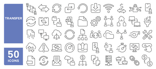 Set of 50 line icons related to transfer, files, online, payment, cloud, computing, transaction, money, exchange, download, upload, convert, Editable stroke. Vector illustration