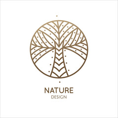Palm plant logo. Tropical plant tree in linear style. Round outline emblem.