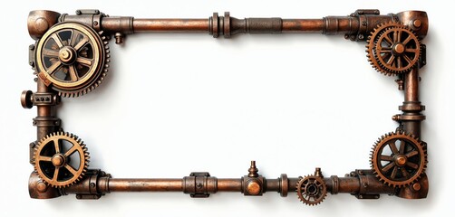Steampunk cogwheel mechanism frame on white background. Rustic border features gear, cog details. Vintage bronze tech elements with pipes, mechanical parts. Engineering frame, construction mockup