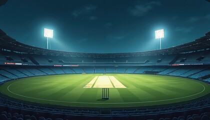 AI illustration of empty cricket stadium at night. Green field with pitch markings, wickets visible. Stands rows under bright floodlights. Modern sport arena, championship, tournament background with