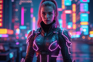 Fototapeta premium Neon Armor Cyberpunk Huntress in Vibrant Cityscape Background