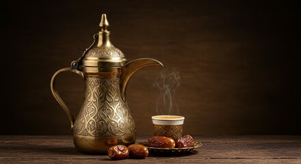 dallah is a metal pot with a long spout designed specifically for making Arabic coffee, Saudi coffee wood background, arabic coffee and dates. isolated on white background