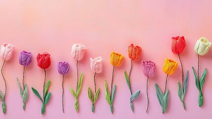 Colorful knitted tulips on pink background celebrating international women's day march 8 with vibrant floral art concept